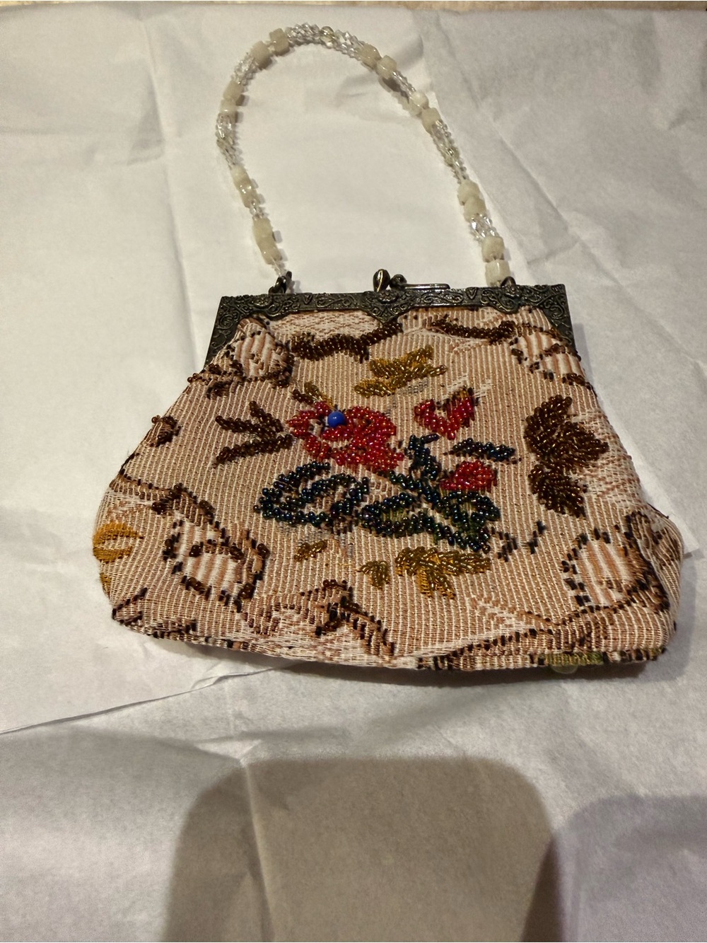 Vintage Floral Tapestry Beaded Evening Bag Kiss Lock Clutch Retro